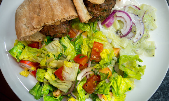 Grilled Lamb Pitas with Cucumber Salsa and Salad